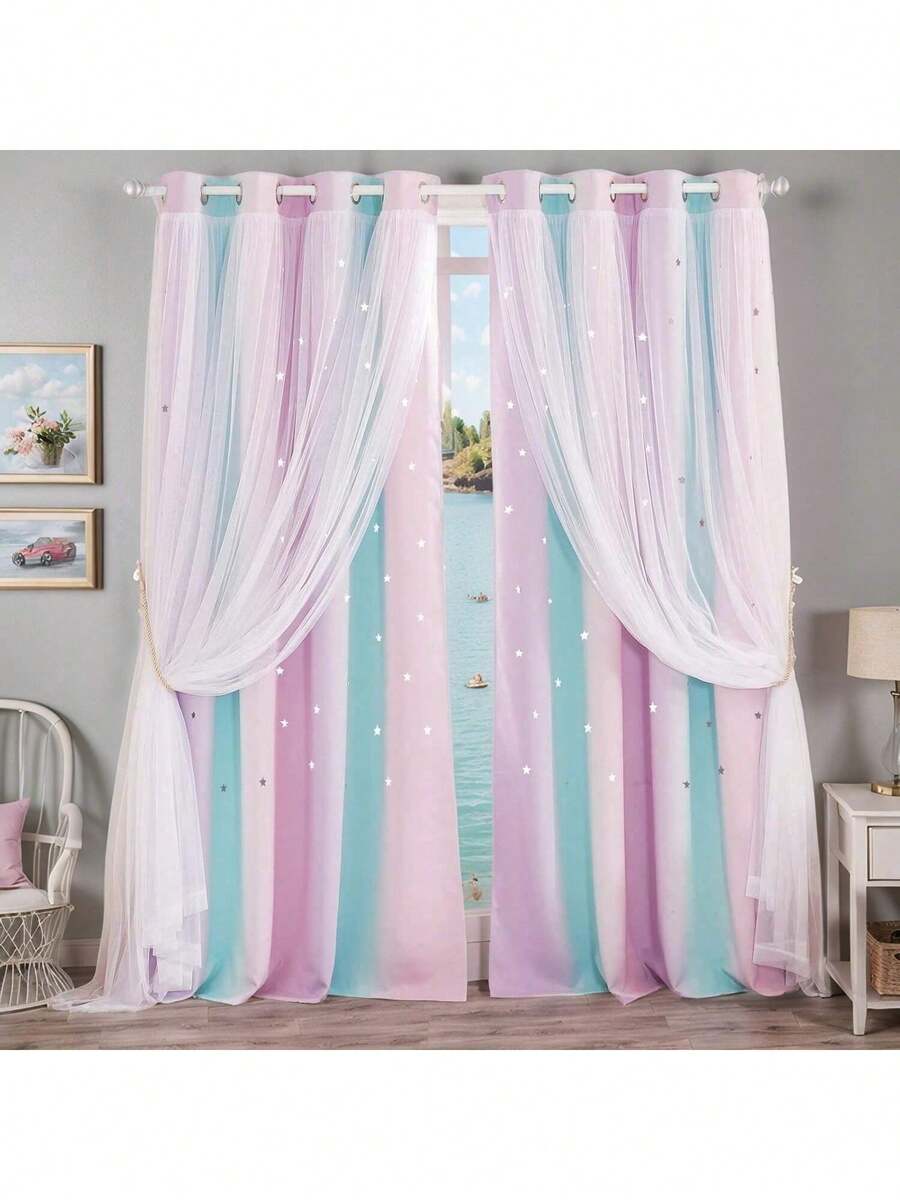 1Set (2PCS) Bedroom Curtains 63 Inch Length Blackout Curtain Teal & Purple Ombre Curtains Grommet Rainbow Princess Drapes For Girls Living Room Bedroom Decor, 2 Panels, Blue & Purple & Pink  (W52.75in X L63 In) - Color-2pcs - View 1