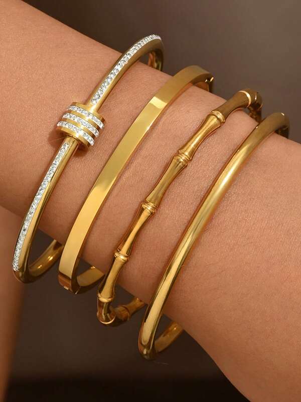 4-teiliges Set mit klassischem Design, Modeschmuck für Damen mit schlanker Taille, Zirkonia Armband/Bambusgelenk/Basic einfacher glatter Ring Armband Set, spiegelpoliert 18K vergoldetes rostfreier Stahl Armband Set, wasserdicht und nicht verblassend