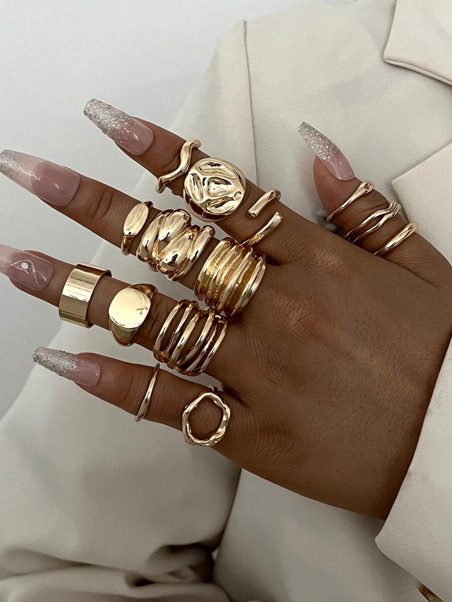 14 件/套厚几何不对称波浪液体纹理多层相交线金属风格粗戒指，时尚、简约、优雅、复古，适合节日、派对、日常佩戴、礼物 - 金黃色 - 查看 1