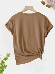 Camiseta de manga corta para mujer con estampado de letras, una camiseta básica informal adecuada para usar todos los días en primavera y verano. - Camel - Ver 2