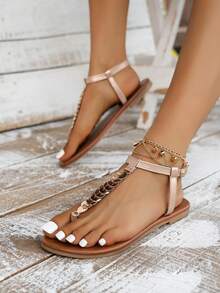 Summer New Women's Flat Sandals, Metal-Decorated Clasp Flip-Toe Sandals, Casual And Elegant Flip-Flops, Champagne-Colored Large-Sized Sandals - Sâm panh - Xem 1