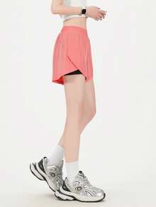 女士二合一健身短裤 - 高弹力网球和跑步短裤，双层设计，结合瑜伽和运动服的优点，短款骑行短裤 - 玫紅色 - 查看 4