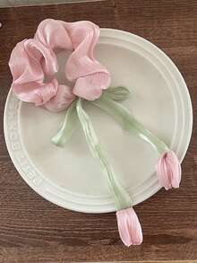 1个时尚优雅仿珍珠花朵发圈，弹力发绳，女士马尾辫发圈，发饰，发绳发圈，头饰橡皮筋 - 粉紅鬱金香 - 查看 5