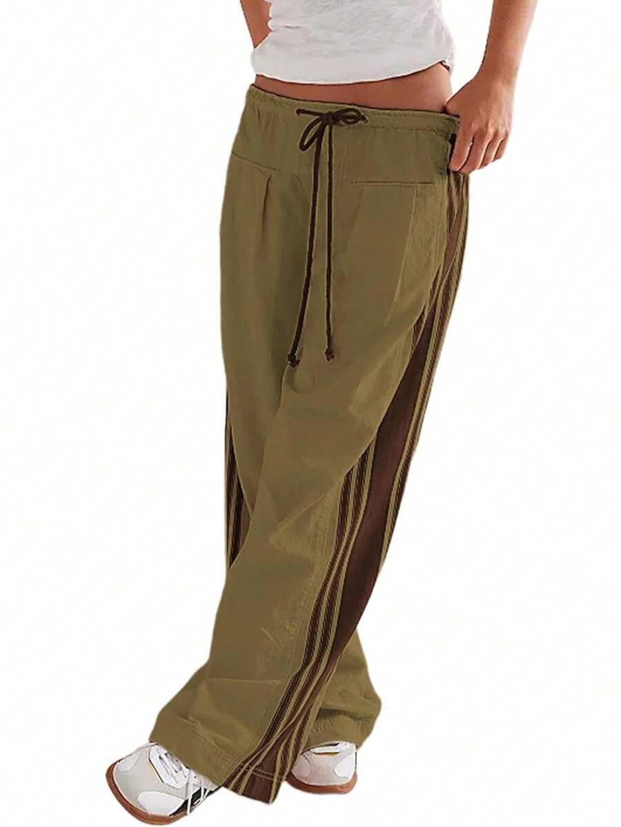 Women's Wide Leg Pants Drawstring High Waist Side Stripes Loose With Pockets Trousers - Quân đội Xanh - Xem 1