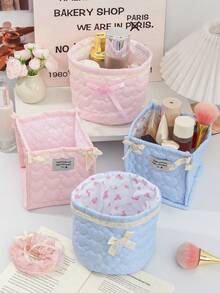 1 Cute Pink And Blue Three-Dimensional Bow Lace Storage Basket, Tabletop Miscellaneous Storage Basket, Waterproof Makeup Brush & Skincare Basket, Tabletop Decoration, Cosmetic Organization Rack, Portable Picnic Basket, Valentine's Day Gift - Multicolor - View 1