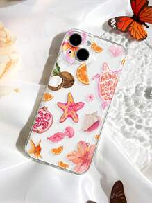 1 pieza Funda de teléfono suave y transparente con diseño de tortuga, estrella de mar y flor de hibisco de tema oceánico, antideslizante, apta para 11/12/13/14/15/16 Pro Max