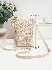 Túi đeo chéo mini dành cho nữ, Túi đeo chéo dệt thủ công, Túi xách tay màu trơn, Túi trang trí tua rua kiểu Pháp giản dị, Túi đeo vai có khóa kéo đa chức năng dung tích lớn, Túi mua sắm du lịch, Sử dụng hàng ngày, Ví cói, Túi đi biển cói, Đồ dùng cần thiết cho bãi biển, Phụ kiện đi biển và đồ dùng cần thiết cho mùa hè - Màu be - Xem 3