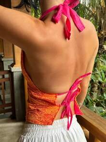 Women Lace Tank Top Halter Tie Back Camisole Sleeveless Crop Shirts Going Out Summer Streetwear - 橘色 - 查看 5