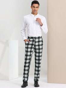 Men's Plaid Pants Regular Fit Flat Front Classic Elastic Waist Suit Pants - Light Gray - View 3