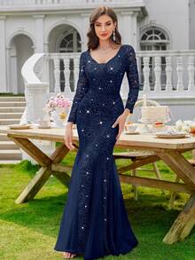 Elisanya Vestido de fiesta de noche de tul con escote en V profundo, manga larga, bajo con cola de sirena y adornos de lentejuelas y encaje floral, vestido de invitada de boda, vestido formal - Azul Marino - Ver 12