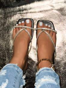 Sandalias de dedo planas con incrustaciones de cristales brillantes para mujer, para uso diario casual en verano