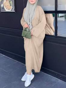 Einfarbiges elegantes Kleid für Frauen mit rundem Ausschnitt und Langarm, lässig anliegend für den täglichen Gebrauch