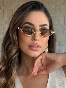 1pc Half Frame Semicircle Metal Fashion Glasses Retro Personalized Versatile Fashion Glasses Men's And Women's Fashion Glasses Are Suitable For Daily Wear, Street Photography, Vacation Travel, Summer Beach Accessories Preppy Style For Back To School Cat Eye Shape Temple Decor - 8058-茶色 - 查看 4