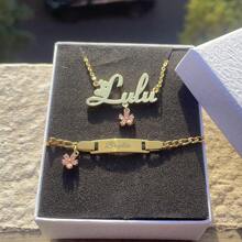 Zirconia Flower Customized Name Jewelry Set For Girl Personalized Nameplate Pendant Cute Necklace Bracelet Gift