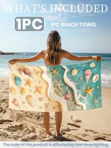 1 pieza Toalla de playa estampada, Toalla de baño con patrón de organismos marinos, Toalla de baño de estilo de moda, Toalla de baño super absorbente para baño, natación, fitness, yoga