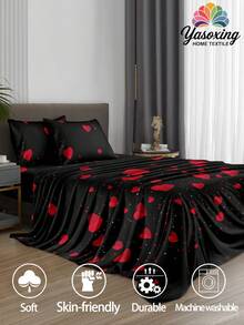 Juego de ropa de cama de 4 piezas con diseño de corazón, juego de ropa de cama de microfibra suave y fácil de cuidar, juego de sábanas con diseño floral (1 sábana + 1 falda de cama + 2 fundas de almohada), juego de falda de cama, se ajusta a camas individuales, dobles, queen y king, diseño de bolsillo profundo de hasta 30 cm, transpirable, resistente a las arrugas, estilo de hotel de lujo, regalo ideal para padres, amigos, dormitorio, vuelta al colegio - Negro - Ver 5