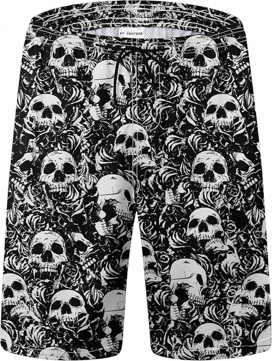 Mens Swim Trunks Quick Dry Board Shorts With Mesh Lining, Breathable Fit Hawaii Beach Shorts Swimwear Bathing Suits - 夏威夷黑骷髏 - 查看 1