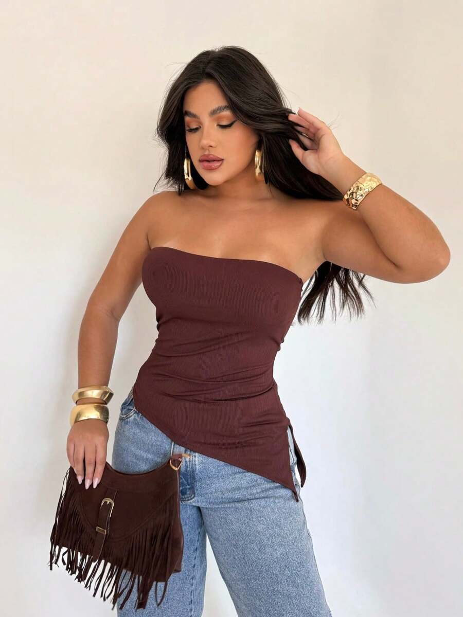 BATA FEMININA ASSIMÉTRICA EM RIBANA - C/ BOJO - FENDA LATERAL  Simples    Casual    Costas nuas / sem costas  Assimétrico  Dividido    Noite - Marrom - Visão 1