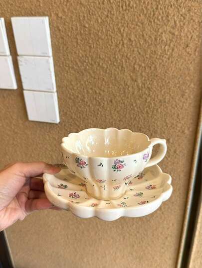 1pc French Ditsy Floral Design Coffee Cup & Saucer Set, Latte Art Cup, Ceramic Coffee Cup, Gift For Girlfriend