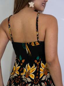 Short Printed Dress With Back Zipper - Black - View 4