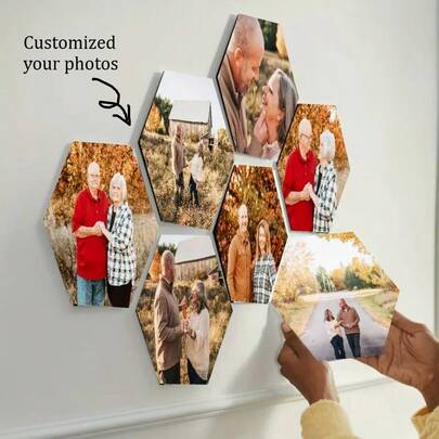 4/6pcs Custom Photo Print Hexagon/Square Wooden Board, 4/6pcs Modern Hexagon Custom Photo Print Wall Decals, Waterproof Collage Picture Frame, Horizontal Layout, No Electricity Required, Easy Peel And Stick Home & Friend Wall Art Decoration