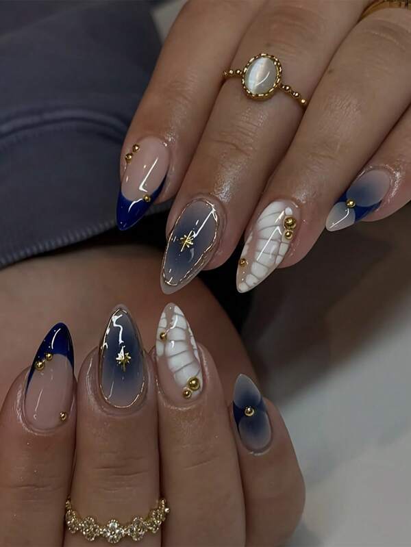 24pcs Elegant Almond-Shaped Nail Art Set With Navy Blue Gradient, Golden Accents, And Pearl Embellishments - Perfect For Women, Daily Commute, Date Nights, And Beach Outings, Nail Art Accessories | Elegant Nail Design | Glossy Finish Nails