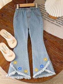 Girls Jeans - Cute Casual Outdoor Multicolor Floral Print Fringe Raw Hem Flared Washed Blue Denim Pants For Little Young Girl