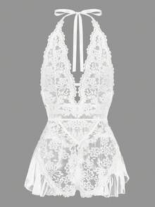 Women's Sexy Lingerie, Floral Lace Teddy Lingerie, Halter Strappy Backless Crotchless Bodysuit - trắng - Xem 2