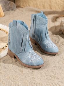 1 双女童高帮休闲防滑公主靴，时尚百搭，适合秋冬 - 藍色 - 查看 8