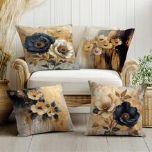 4 件黄色抽象花卉印花装饰抱枕套 [无枕芯]，17.7*17.7 英寸 (45*45 厘米)，[单面印花] 涤纶靠垫套，房间装饰，家居装饰，卧室装饰，沙发、床、客厅、卧室、车内、办公室、酒店等房间装饰用品，适合所有季节。馈赠亲朋好友的完美礼物