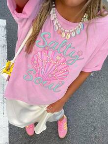 Women's Summer Simple Shell Cute Pattern Printed T-Shirt, Seaside Vacation, Marine Biology. - Pink - View 1