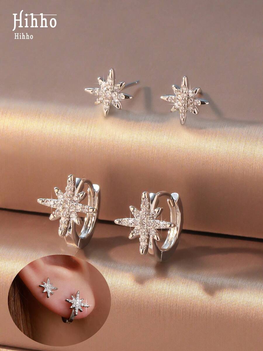 Hihho 4 件/套 8 角星耳环,创意雪花方晶锆石铜耳环套装,适合女性,几何设计铜首饰 - 銀色 - 查看 1