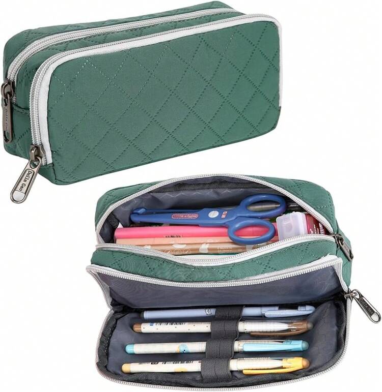 Estuche para Lápices de Gran Capacidad, Bolsa de Lápices Estética para Organizador de Papelería de Oficina, Bolsa de Lápices Simple y Resistente Multifuncional para Hombres - Negro - Verde Oscuro - Añade 1