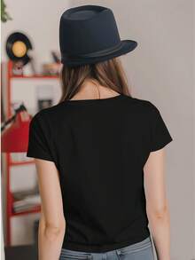 Camiseta Casual de Cuello Redondo para Mujeres, Impresión "Profesora de Inglés", Tejido de Poliéster y Spandex, Manga Corta, Ajuste Regular, Top de Primavera/Verano - Negro - Ver 6
