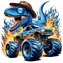 1 件/2 件/3 件蓝色恐龙怪兽卡车 DTF 熨烫贴纸，“咆哮的火焰冒险”图案，房间墙贴，适用于 T 恤、连帽衫、笔记本电脑套的汽车贴花 - 彩色 - 查看 1