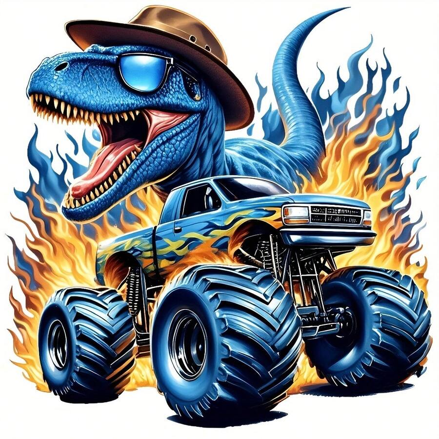 1 件/2 件/3 件蓝色恐龙怪兽卡车 DTF 熨烫贴纸，“咆哮的火焰冒险”图案，房间墙贴，适用于 T 恤、连帽衫、笔记本电脑套的汽车贴花 - 彩色 - 查看 1