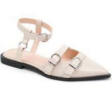 calcena Damen Spitz zulaufende Flat Sandalen mit mehreren Schnallenbändern und Knöchelverschluss - elegantes Lackfinish für stilvolle Sommeroutfits - Beige - Übersicht 2