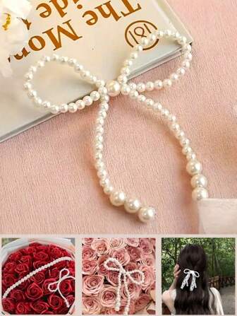 4/6/10 Pcs Pearl Bow Decoration, Beaded Chain Party Supplies, Suitable For Cake Shop, Florist, Rose DIY Arrangement Accessories For Holiday Party, Valentine's Day, Mother's Day, Father's Day, Back To School, Wedding, Anniversary, Graduation Season And Other Romantic Decoration