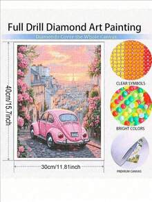 5d Diy French City Scenery Pink Car Full Round Diamond Painting Kit Mosaic Portrait Art Full Drill Diamonds Embroidery Craft,Living-Room Decor,Frameless - Multicolor - View 4