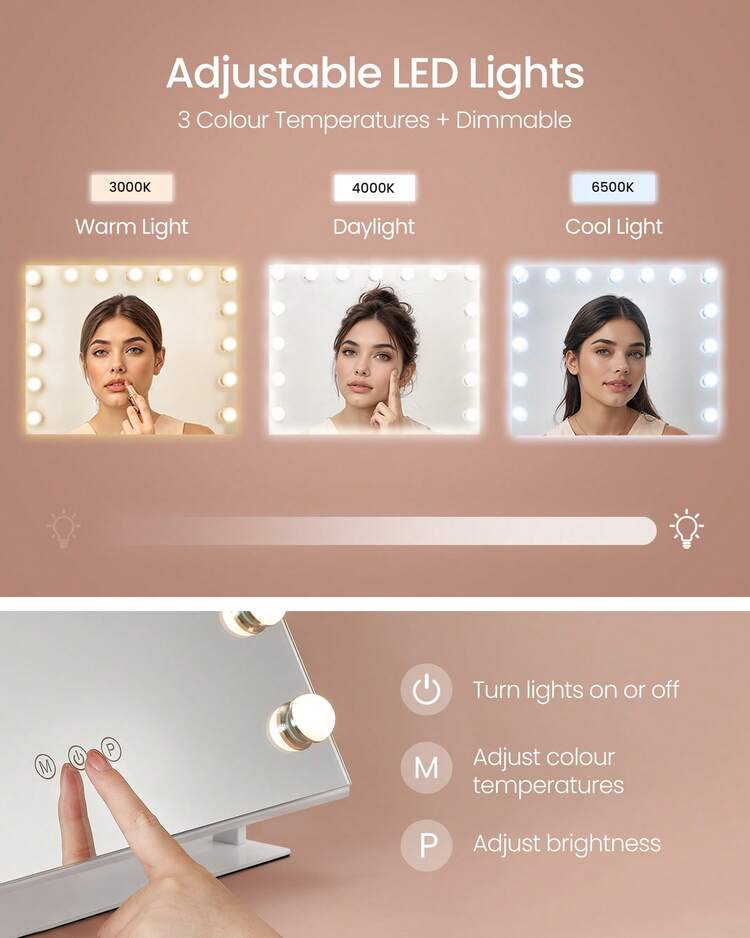 SONGMICS 带灯梳妆镜，触摸控制，15 个可调光 LED 灯泡，带充电端口，可拆卸 10 倍放大镜，3 种色温，手机支架，哑光白色，开学季适用 - 查看 3