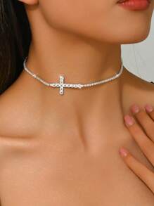 1 pieza Collar con cruz de cristal minimalista y de moda, cadena para la clavícula para uso diario