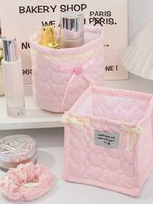 1 Cute Pink And Blue Three-Dimensional Bow Lace Storage Basket, Tabletop Miscellaneous Storage Basket, Waterproof Makeup Brush & Skincare Basket, Tabletop Decoration, Cosmetic Organization Rack, Portable Picnic Basket, Valentine's Day Gift - Multicolor - View 4