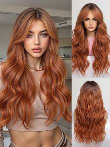 26 Inch Orange Butterfly Hairstyle Synthetic Wig With Bangs, Long Curly Synthetic Fiber Wig For Women & Girls, Lace-Free Synthetic Wig, Suitable For Music Festivals - 臟橘色 - 查看 3