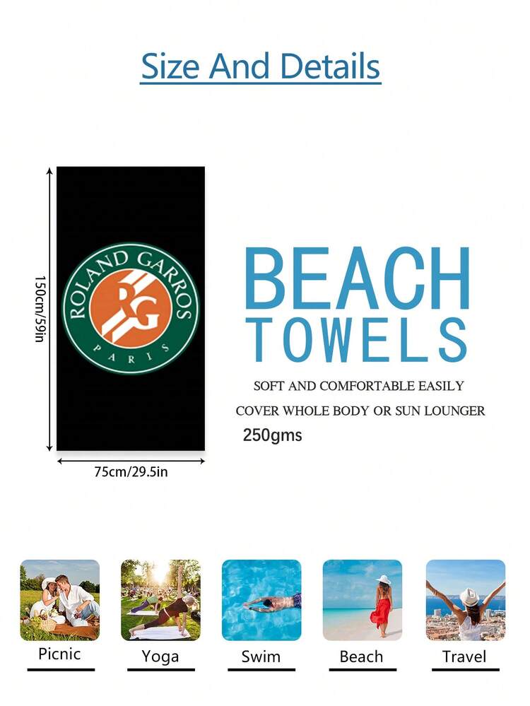 1pc Roland Garros Paris Tennis Logo Pattern Beach Towel, Microfiber Extra Large Beach Blanket, Super Absorbent Bath Towel, Suitable For Travel, Pool, Diving, Surfing, Yoga, Camping Beach Essentials - Multicolor - View 8