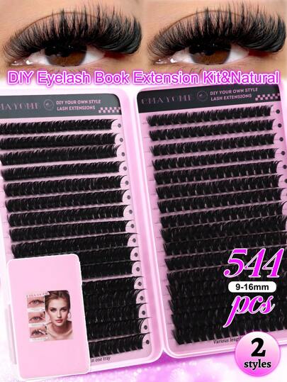 544/640PCS Clusters D Curl Fake Eyelashes High Capacity Suit For Thick Fluffy, Natural Look Eyes Makeup Beauty, DIY At Home Large Capacity Individual Eyelashes Book For Beginner Friendly, Starter, Makeup Artist, Soft And Long Lasting False Lashes, Diy Fox/Cat Eyes Makeup Segmented Lashes Extensions, Eyes Lashes Book Portable For Travel, Suit For Stage,Wedding,Outdoor,Daily Work, Music Party Using (80D100D/50D60D/30D40D/10D20D)