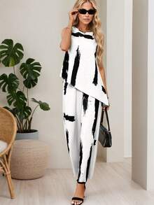 Conjuntos Elegantes Para Dama De Verano,Tops Holgado Asimétrico y Pantalones Anchos Con Cintura Elástica - Blanco - Ver 2