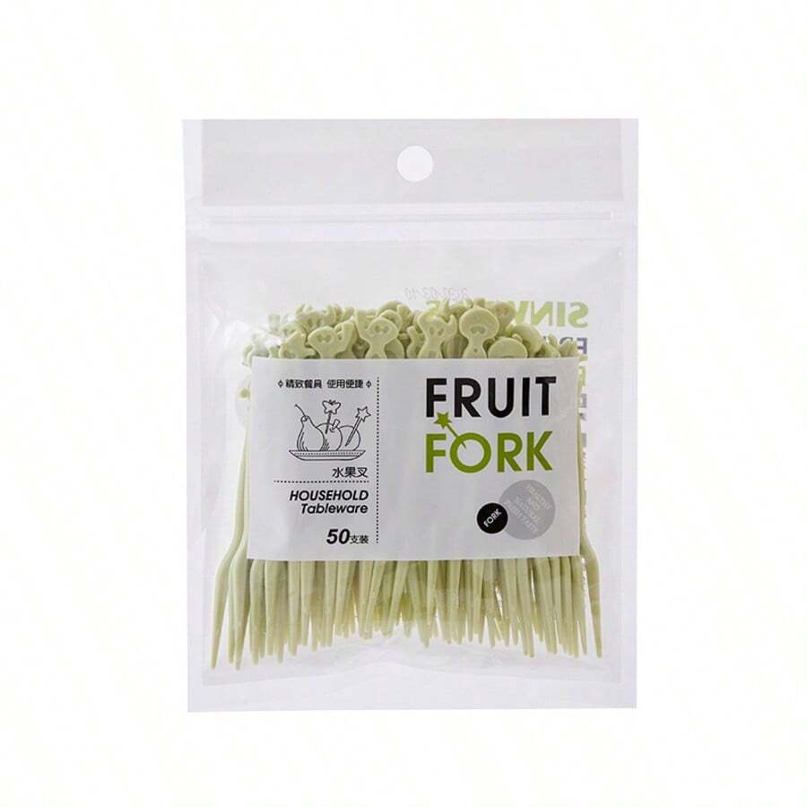 50 piezas de lindo juego de tenedores de frutas para uso doméstico, brochetas de frutas desechables de plástico, tenedores pequeños para comer pasteles y ensaladas de verduras en casa - Verde - Ver 1