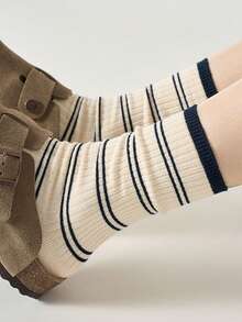 1 双/2 双男女款薄款条纹中筒袜，百搭休闲袜，适合日常穿着，秋季 - 彩色 - 查看 5