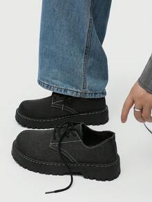 Zapatos Derby de malla negra vintage para hombres, zapatos con suela gruesa elevadora, estilo británico Oxford desgastado, zapatos retro de alta gama para papá, nuevos zapatos Derby de suela gruesa con estilo punk personalizado para hombres, zapatos casuales de mezclilla - Negro - Ver 1