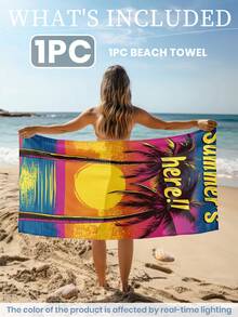 1pc Printed Beach Towel, Sunset Palm Tree Pattern Swimwear, Bath Towel, Fashionable Beach Towel, Super Absorbent Bath Towel, Suitable For Bathroom, Swimming, Fitness, Yoga, Soft & Comfortable Microfiber Towel, Lightweight & Easy To Carry. - Multicolor - View 3